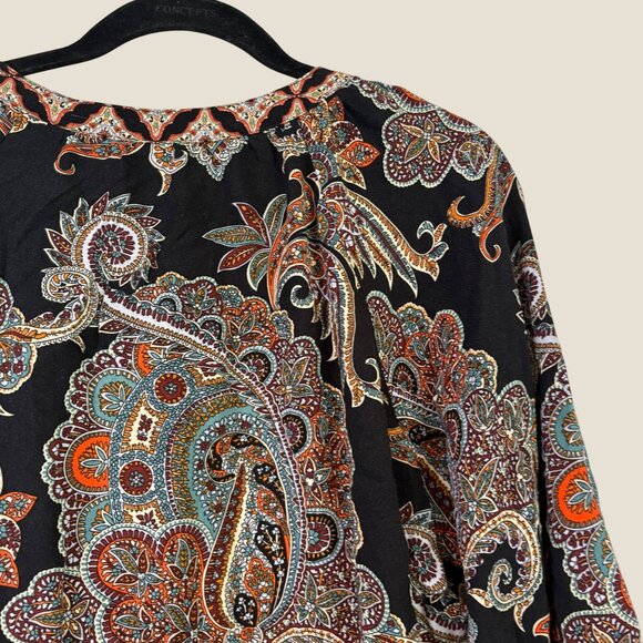 Fig & Flower Boho Pattern 3/4 Sleeve Quarter Button Puffed Sleeve Blouse Size L - Picture 7 of 10